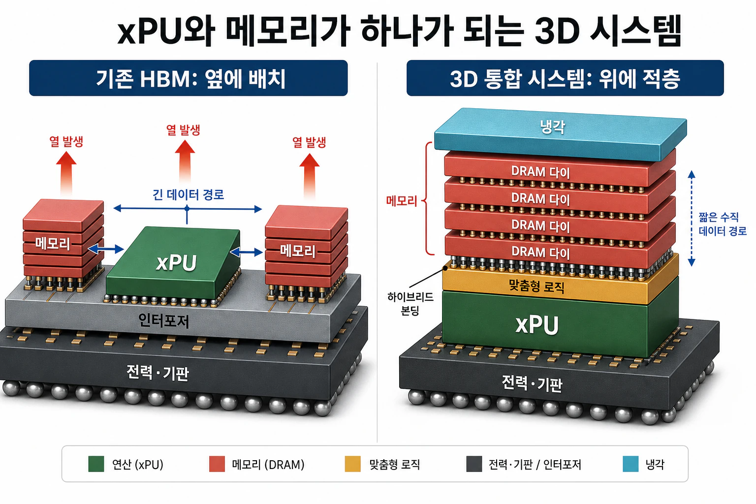 기존 HBM이 xPU 옆에 배치되는 구조와 DRAM 다이, 맞춤형 로직을 xPU 위에 적층하는 3D 통합 구조 비교